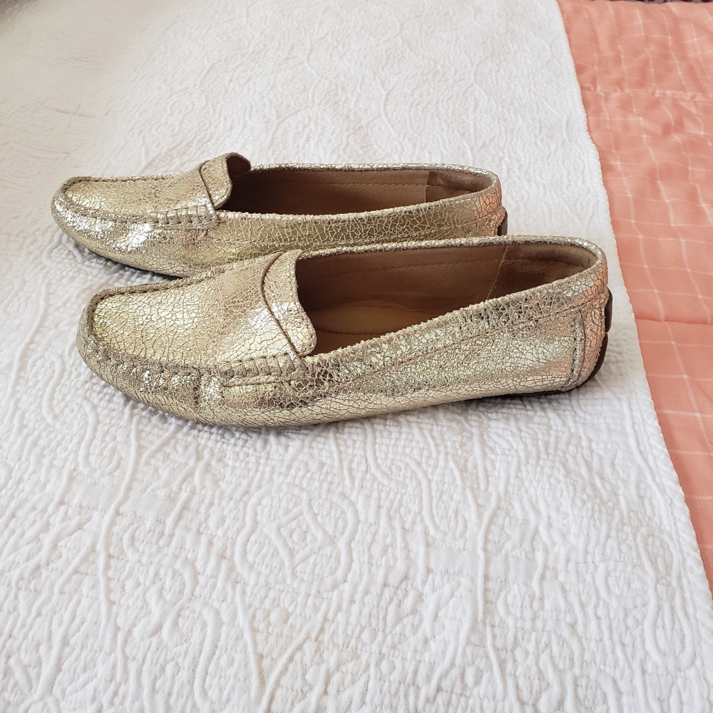 Clark's light gold/aged silver leather driving loafers